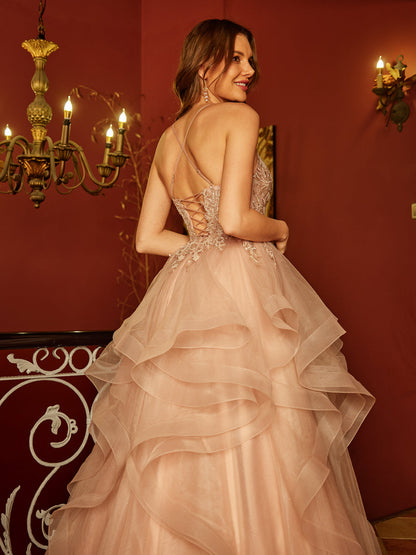 Forme Princesse Col V Appliques Paillettes Tulle Longue Robes de bal