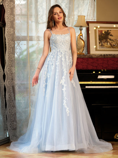 Forme Princesse Tulle Bretelles spaghetti Appliqué Longue Robes de bal