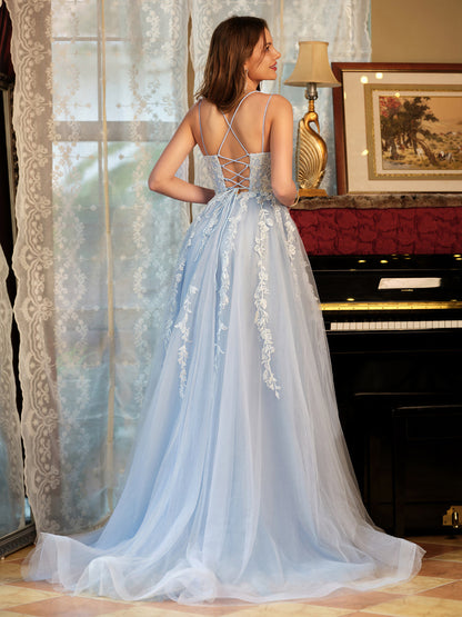 Forme Princesse Tulle Bretelles spaghetti Appliqué Longue Robes de bal