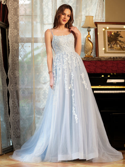Forme Princesse Tulle Bretelles spaghetti Appliqué Longue Robes de bal