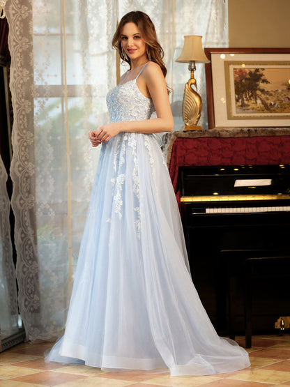 Forme Princesse Tulle Bretelles spaghetti Appliqué Longue Robes de bal