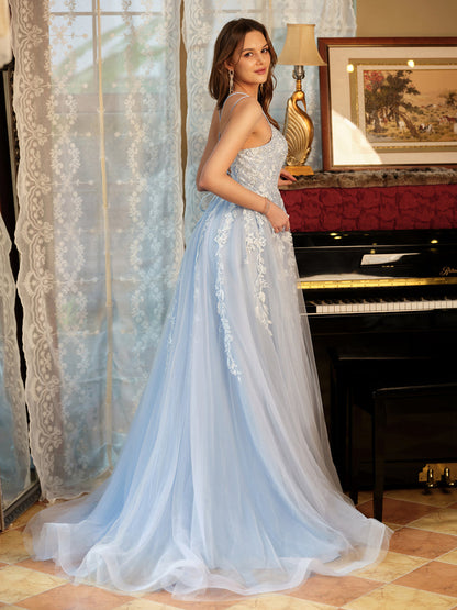 Forme Princesse Tulle Bretelles spaghetti Appliqué Longue Robes de bal