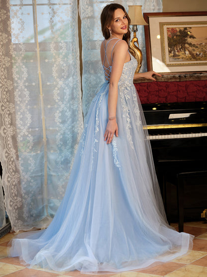 Forme Princesse Tulle Bretelles spaghetti Appliqué Longue Robes de bal