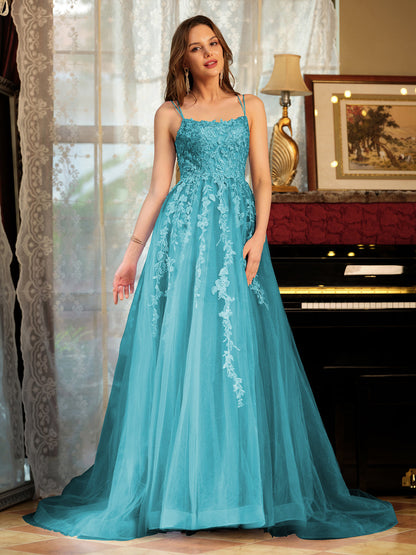 Forme Princesse Tulle Bretelles spaghetti Appliqué Longue Robes de bal