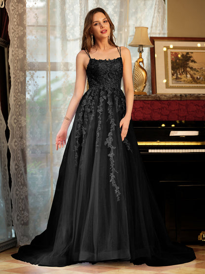 Forme Princesse Tulle Bretelles spaghetti Appliqué Longue Robes de bal
