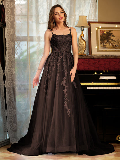 Forme Princesse Tulle Bretelles spaghetti Appliqué Longue Robes de bal