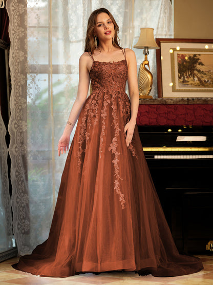 Forme Princesse Tulle Bretelles spaghetti Appliqué Longue Robes de bal
