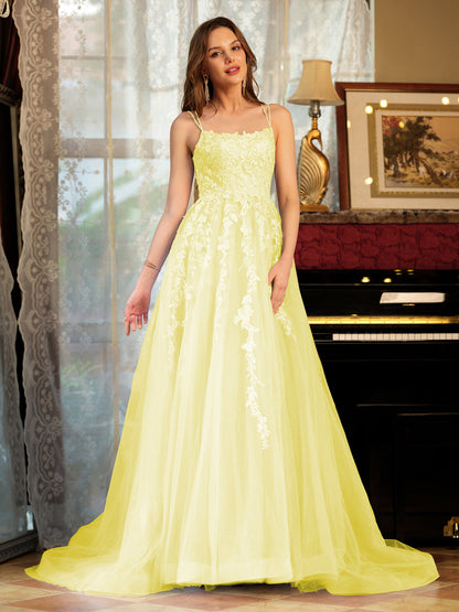 Forme Princesse Tulle Bretelles spaghetti Appliqué Longue Robes de bal