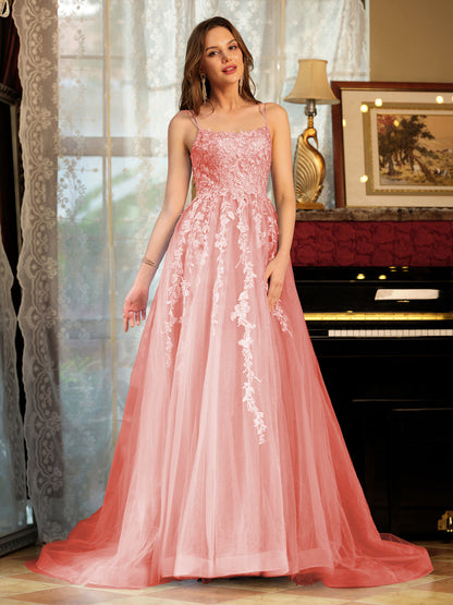 Forme Princesse Tulle Bretelles spaghetti Appliqué Longue Robes de bal