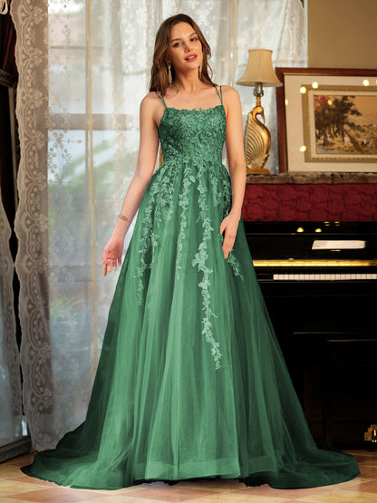 Forme Princesse Tulle Bretelles spaghetti Appliqué Longue Robes de bal