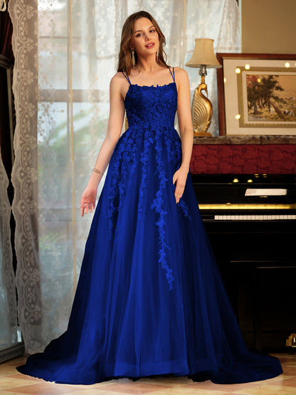 Forme Princesse Tulle Bretelles spaghetti Appliqué Longue Robes de bal
