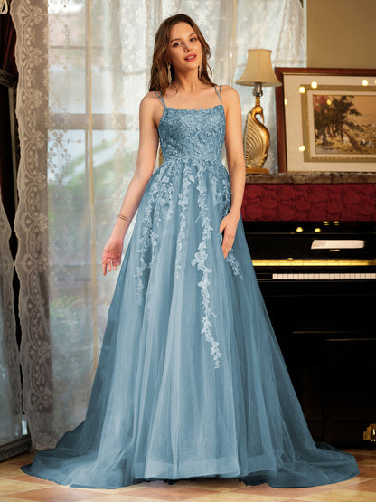 Forme Princesse Tulle Bretelles spaghetti Appliqué Longue Robes de bal