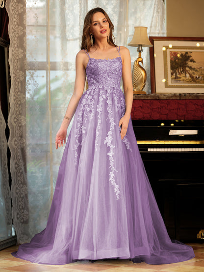 Forme Princesse Tulle Bretelles spaghetti Appliqué Longue Robes de bal