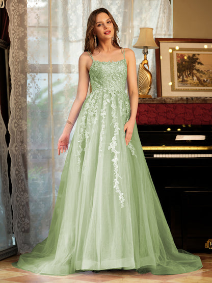 Forme Princesse Tulle Bretelles spaghetti Appliqué Longue Robes de bal