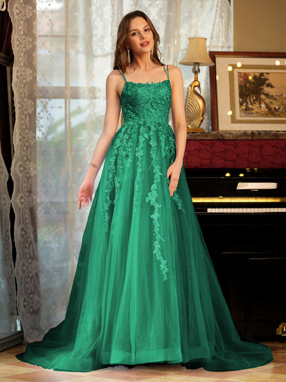 Forme Princesse Tulle Bretelles spaghetti Appliqué Longue Robes de bal