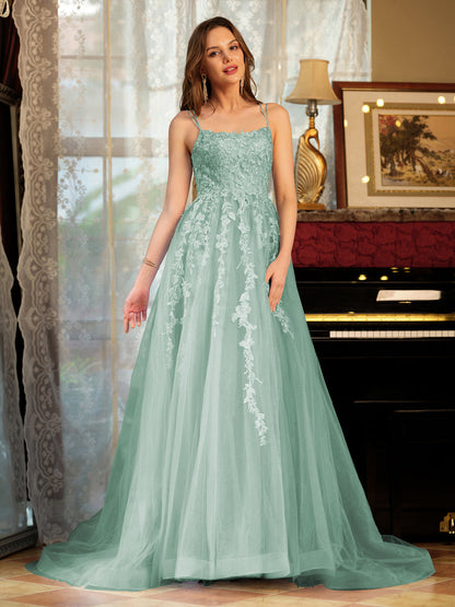 Forme Princesse Tulle Bretelles spaghetti Appliqué Longue Robes de bal