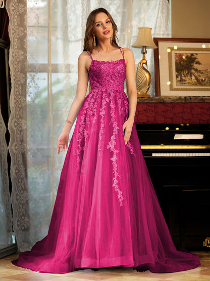 Forme Princesse Tulle Bretelles spaghetti Appliqué Longue Robes de bal