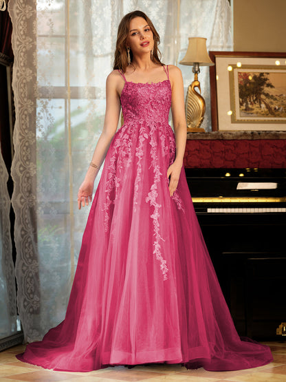 Forme Princesse Tulle Bretelles spaghetti Appliqué Longue Robes de bal