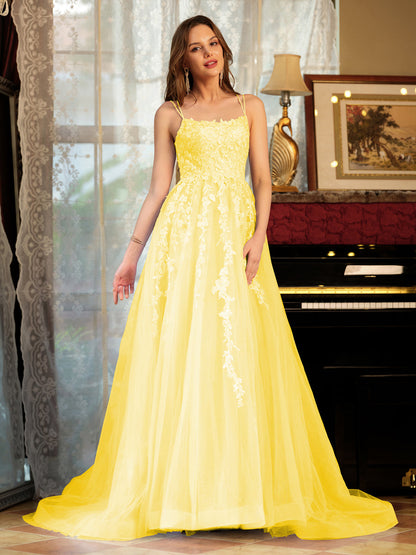 Forme Princesse Tulle Bretelles spaghetti Appliqué Longue Robes de bal