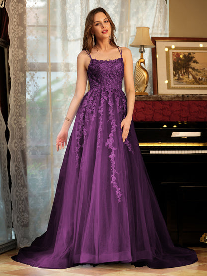 Forme Princesse Tulle Bretelles spaghetti Appliqué Longue Robes de bal