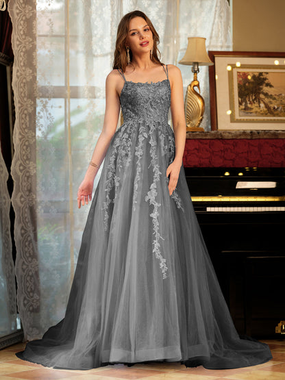 Forme Princesse Tulle Bretelles spaghetti Appliqué Longue Robes de bal