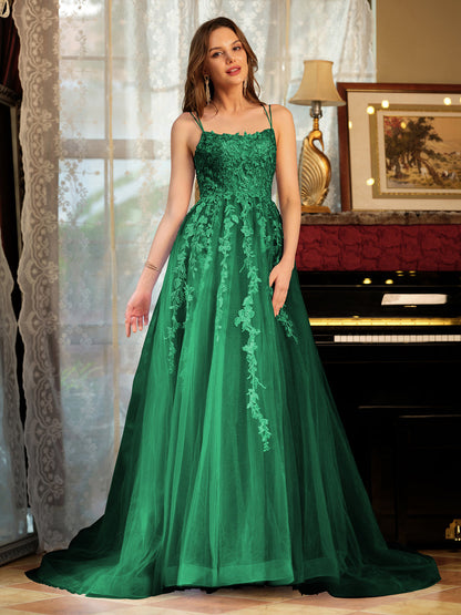 Forme Princesse Tulle Bretelles spaghetti Appliqué Longue Robes de bal