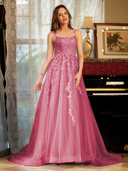 Forme Princesse Tulle Bretelles spaghetti Appliqué Longue Robes de bal