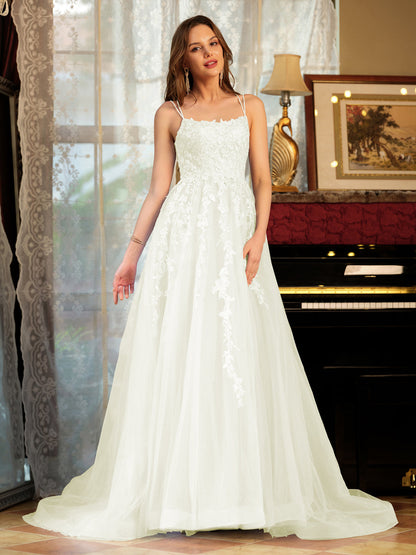 Forme Princesse Tulle Bretelles spaghetti Appliqué Longue Robes de bal