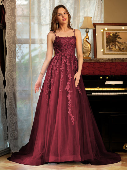 Forme Princesse Tulle Bretelles spaghetti Appliqué Longue Robes de bal