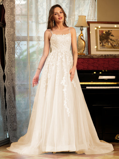 Forme Princesse Tulle Bretelles spaghetti Appliqué Longue Robes de bal