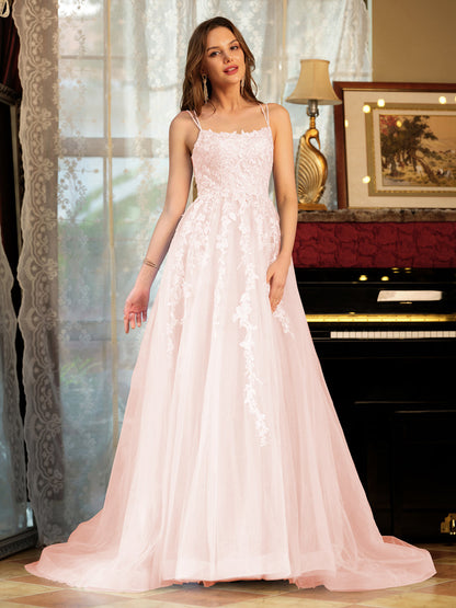 Forme Princesse Tulle Bretelles spaghetti Appliqué Longue Robes de bal