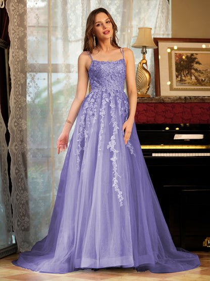 Forme Princesse Tulle Bretelles spaghetti Appliqué Longue Robes de bal