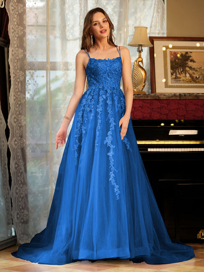 Forme Princesse Tulle Bretelles spaghetti Appliqué Longue Robes de bal