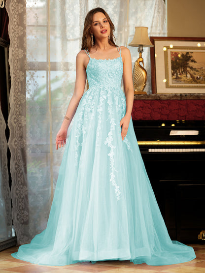 Forme Princesse Tulle Bretelles spaghetti Appliqué Longue Robes de bal