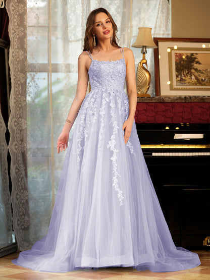 Forme Princesse Tulle Bretelles spaghetti Appliqué Longue Robes de bal