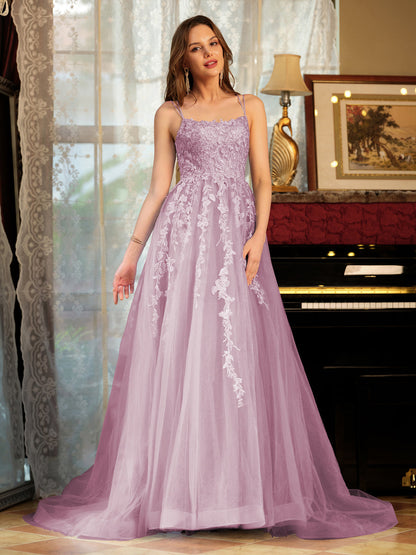 Forme Princesse Tulle Bretelles spaghetti Appliqué Longue Robes de bal