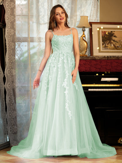 Forme Princesse Tulle Bretelles spaghetti Appliqué Longue Robes de bal