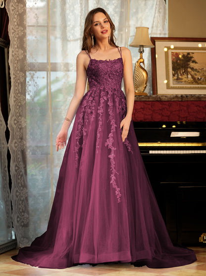 Forme Princesse Tulle Bretelles spaghetti Appliqué Longue Robes de bal