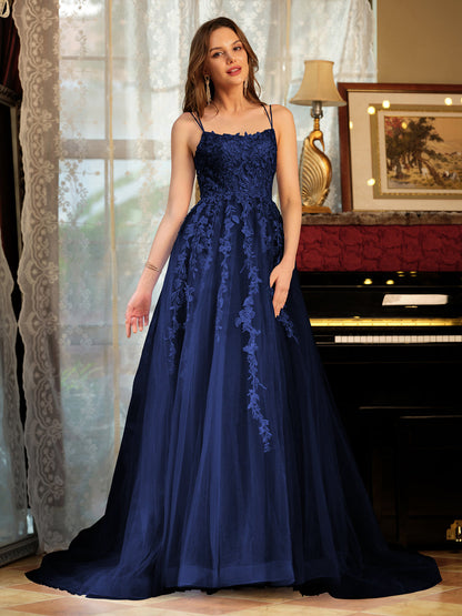Forme Princesse Tulle Bretelles spaghetti Appliqué Longue Robes de bal