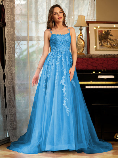 Forme Princesse Tulle Bretelles spaghetti Appliqué Longue Robes de bal