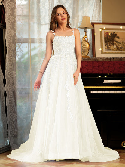 Forme Princesse Tulle Bretelles spaghetti Appliqué Longue Robes de bal
