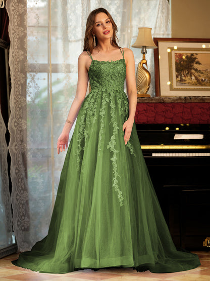 Forme Princesse Tulle Bretelles spaghetti Appliqué Longue Robes de bal