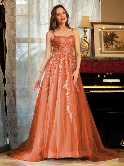 Forme Princesse Tulle Bretelles spaghetti Appliqué Longue Robes de bal