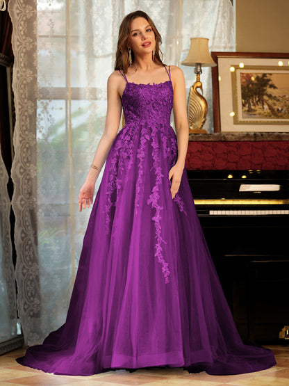 Forme Princesse Tulle Bretelles spaghetti Appliqué Longue Robes de bal