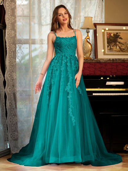 Forme Princesse Tulle Bretelles spaghetti Appliqué Longue Robes de bal