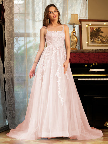 Forme Princesse Tulle Bretelles spaghetti Appliqué Longue Robes de bal