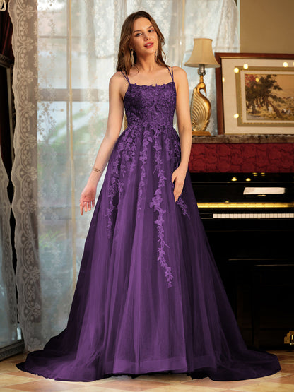 Forme Princesse Tulle Bretelles spaghetti Appliqué Longue Robes de bal