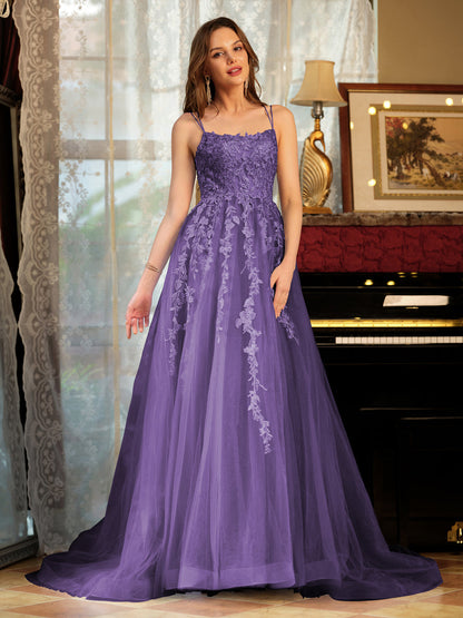Forme Princesse Tulle Bretelles spaghetti Appliqué Longue Robes de bal