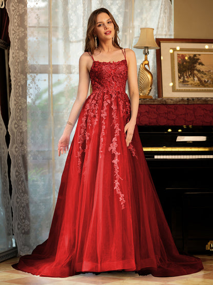 Forme Princesse Tulle Bretelles spaghetti Appliqué Longue Robes de bal
