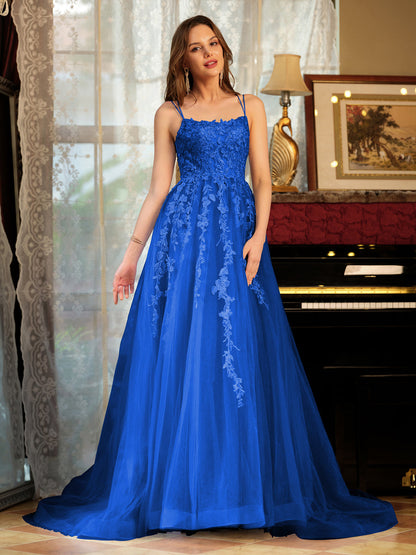 Forme Princesse Tulle Bretelles spaghetti Appliqué Longue Robes de bal